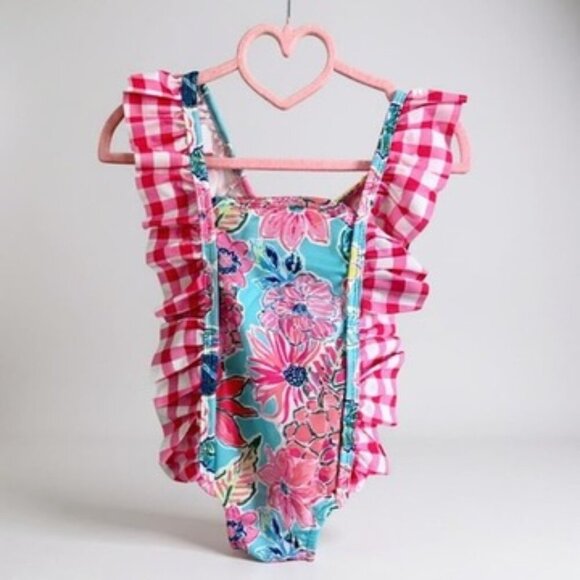 Girls Blue Floral One Piece Swimsuit - Picture 1 of 2